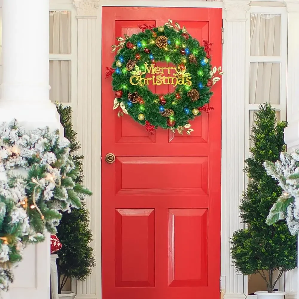 24 Inch Pre-Lit Artificial Christmas Wreath 45 LED‎ Lights Battery Remote Timer